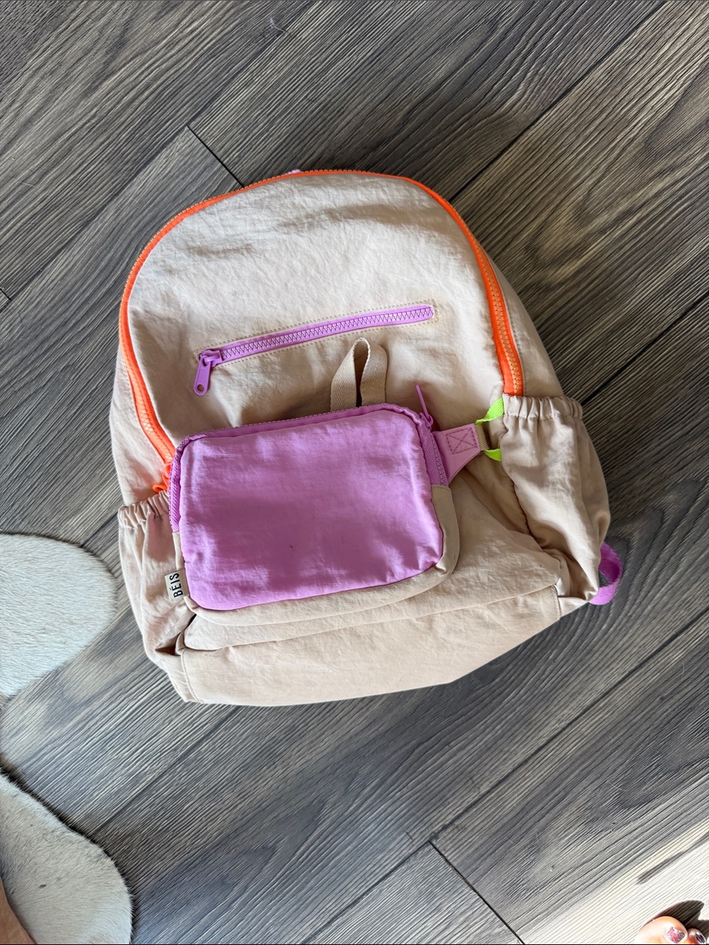 BEIS Beige atlas Backpack with Pink Pouch and Orange Trim